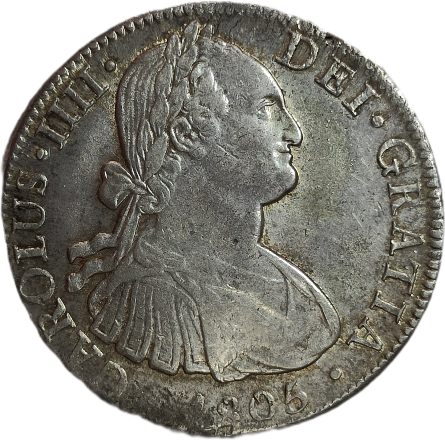 8 Reales Carlos IV año 1805 México. Gran parte de brillo original. 26,94g