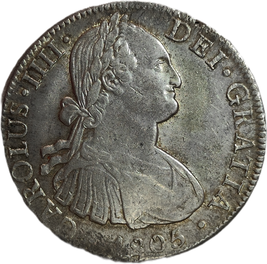 8 Reales Carlos IV año 1805 México. Gran parte de brillo original. 26,94g